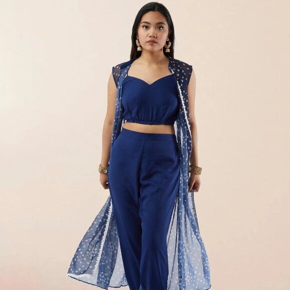 Blue Bandhani Chiffon Three-Piece Suit | Muvvas Boutique - Picture 1 of 5
